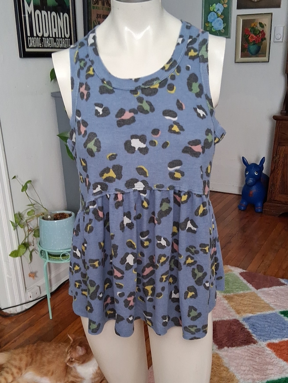 Blue Leopard Print Sleeveless Peplum Tank Top